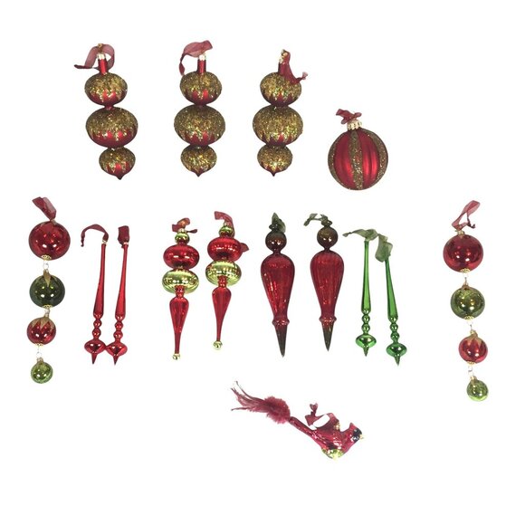 VTG Frontgate Christmas Tree Ornaments Handblown Glass Lot 15 Red & Green Gold - Picture 2 of 16